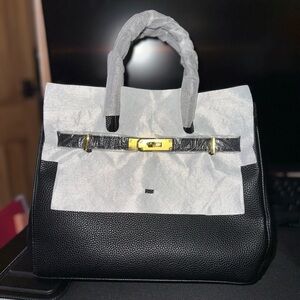 Classic Black Leather Tote with Gold Hardware - Unbranded